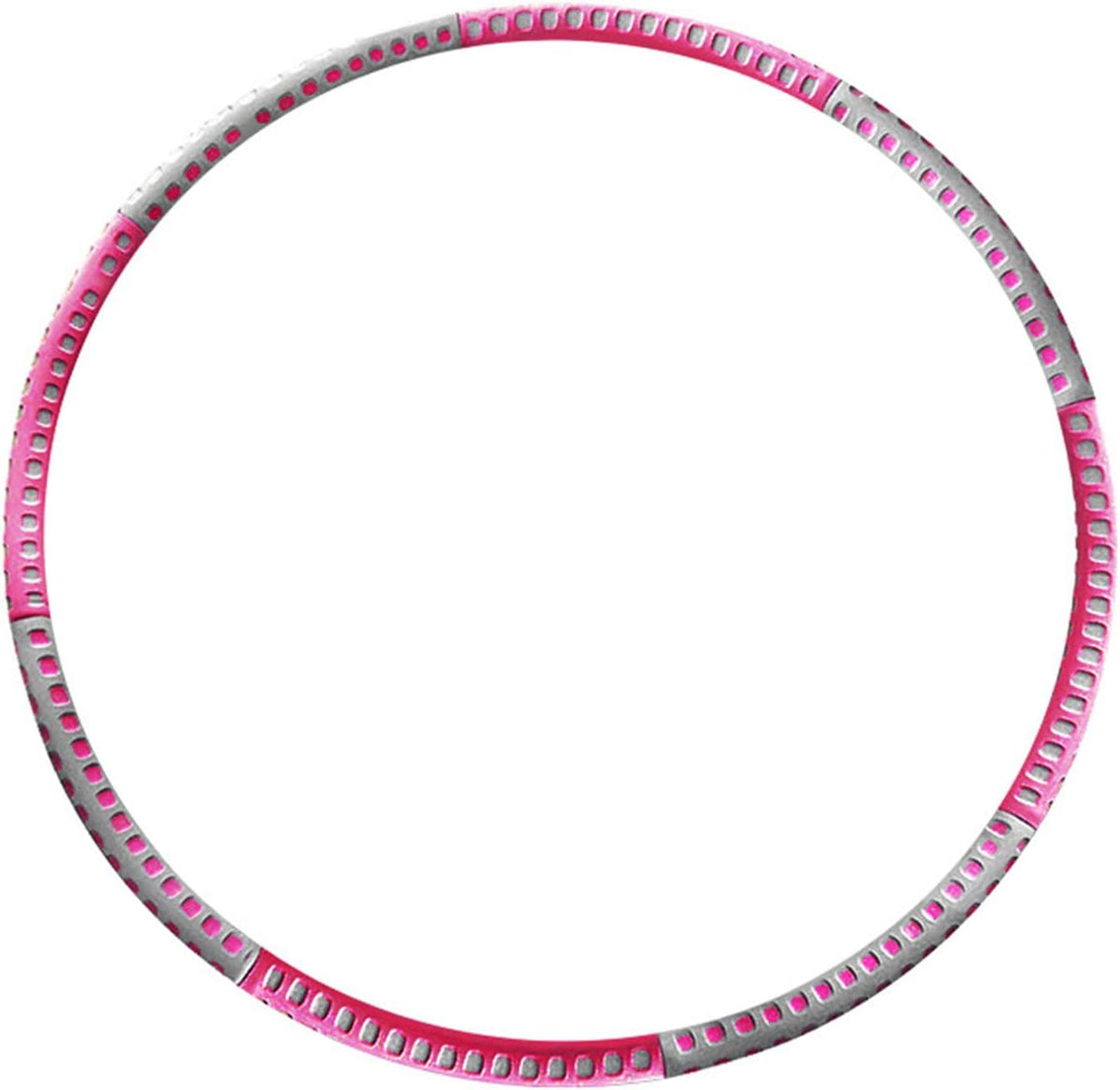 A circular metal hula hoop with a silver outer rim and a vibrant pink inner ring, featuring a row of small pink