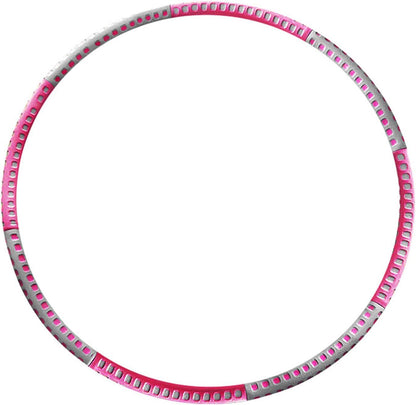 A circular metal hula hoop with a silver outer rim and a vibrant pink inner ring, featuring a row of small pink