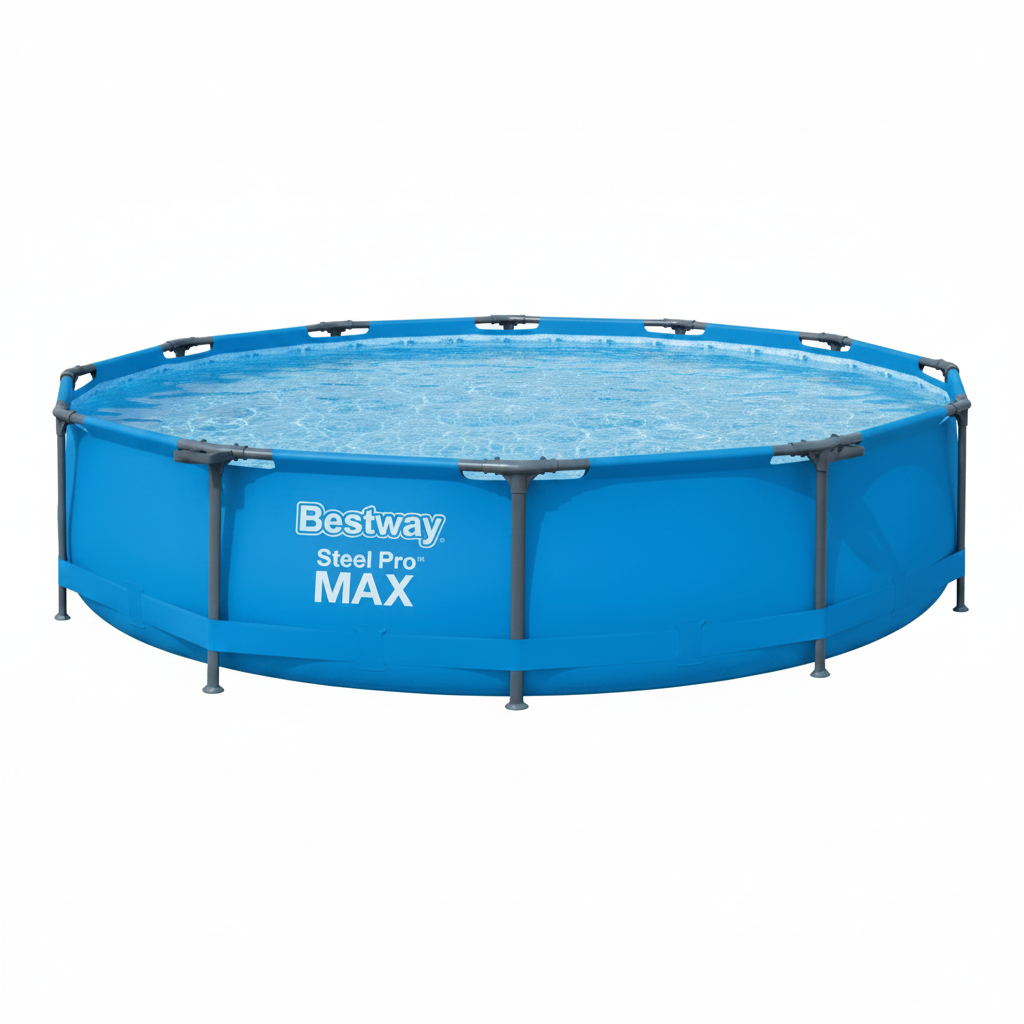 Bestway Steel Pro MAX above-ground circular pool in blue, shown empty with water inside, on a plain white background.