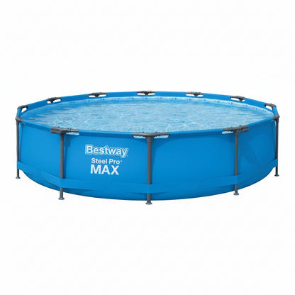 Bestway Steel Pro MAX above-ground circular pool in blue, shown empty with water inside, on a plain white background.