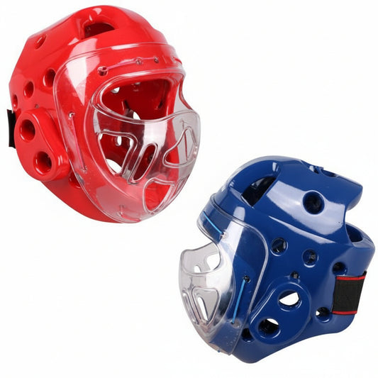 Red and blue protective headgear with 'Every Last Logo' 