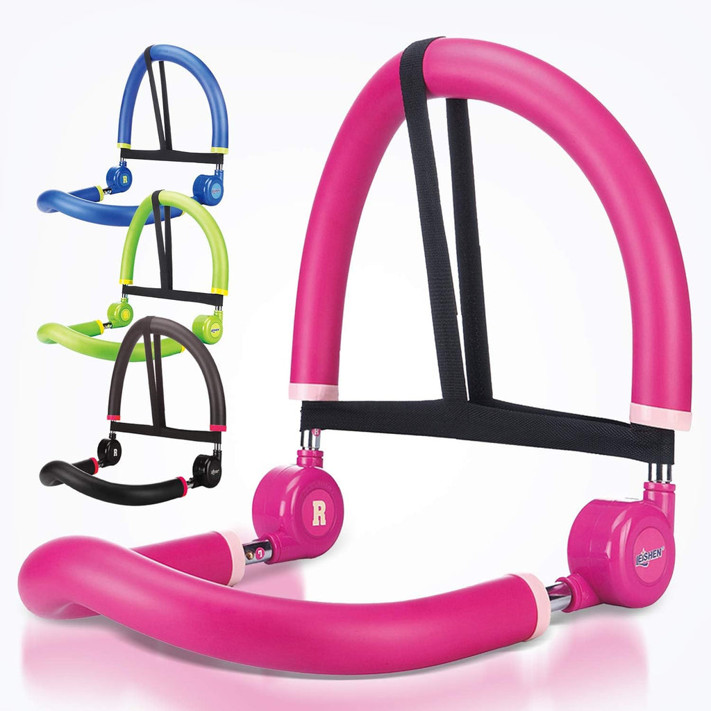 Pink and black abdominal exercise trampoline with dual handles and weight plates,
