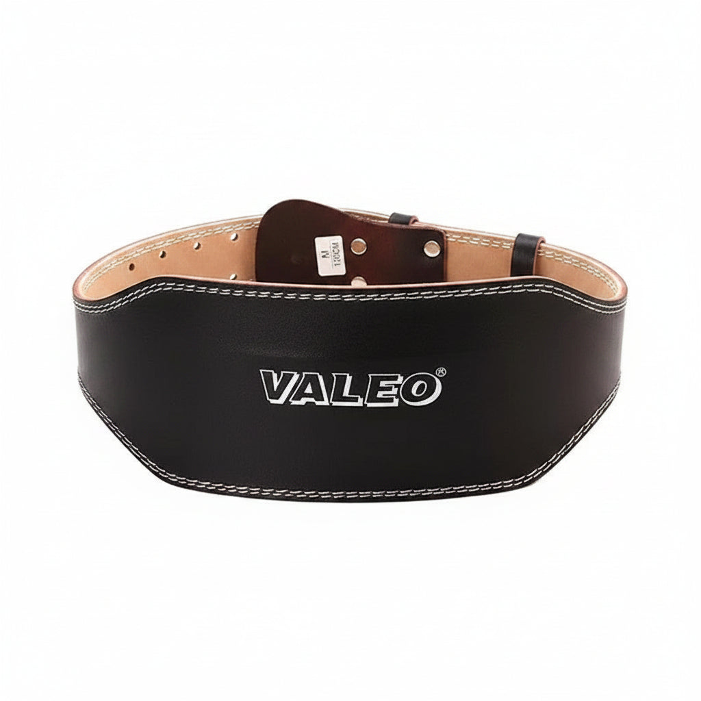 This is a Valeo leather weightlifting belt featuring a black finish 