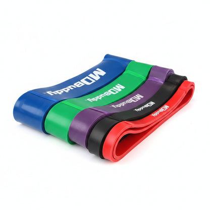 Four MDBuddy resistance bands in blue, green, purple, black, and red,