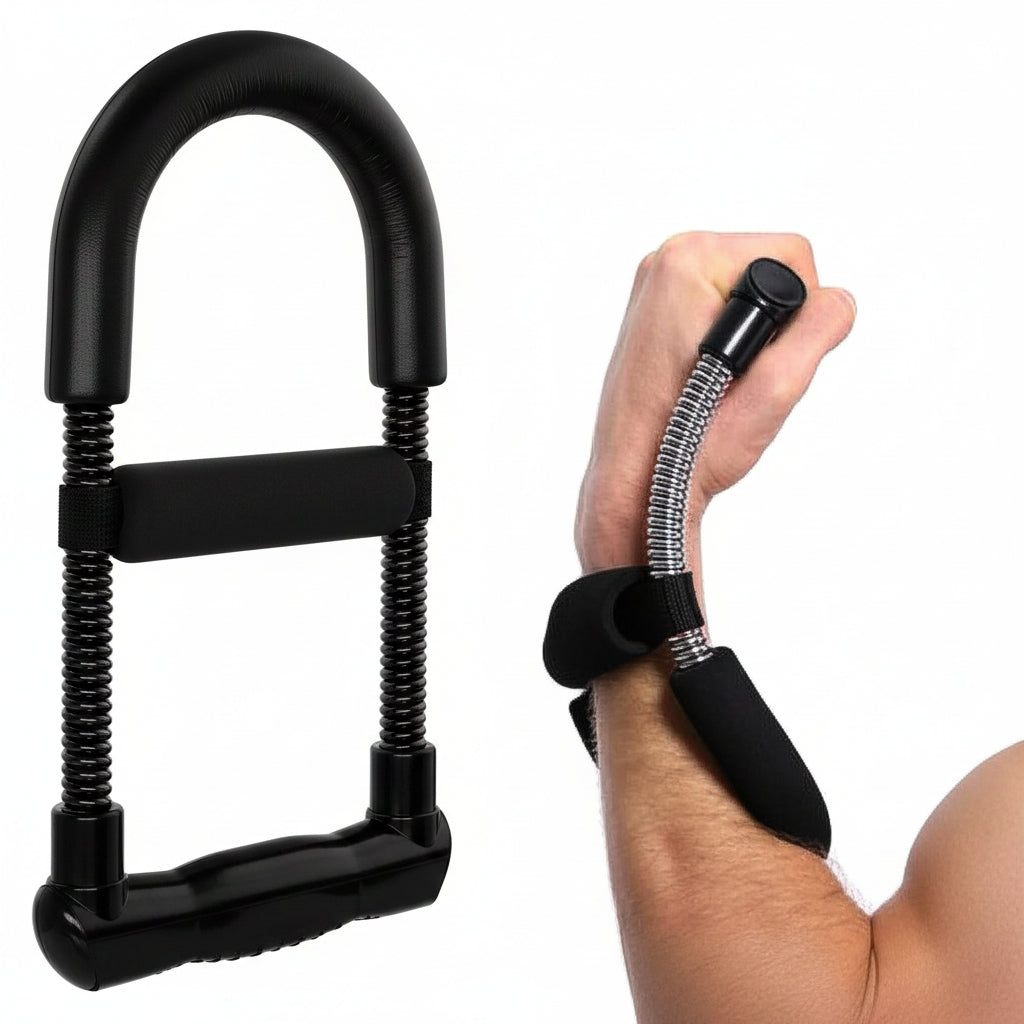 Black wrist and hand exerciser with a padded U-shaped handle, spring-loaded arm bars, and a wrist strap, shown with a hand gripping the handle on a white background.