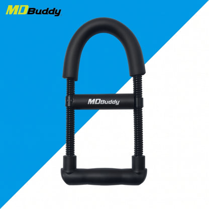 A black U-handle hand exerciser with a textured spring-loaded design and a padded grip, 