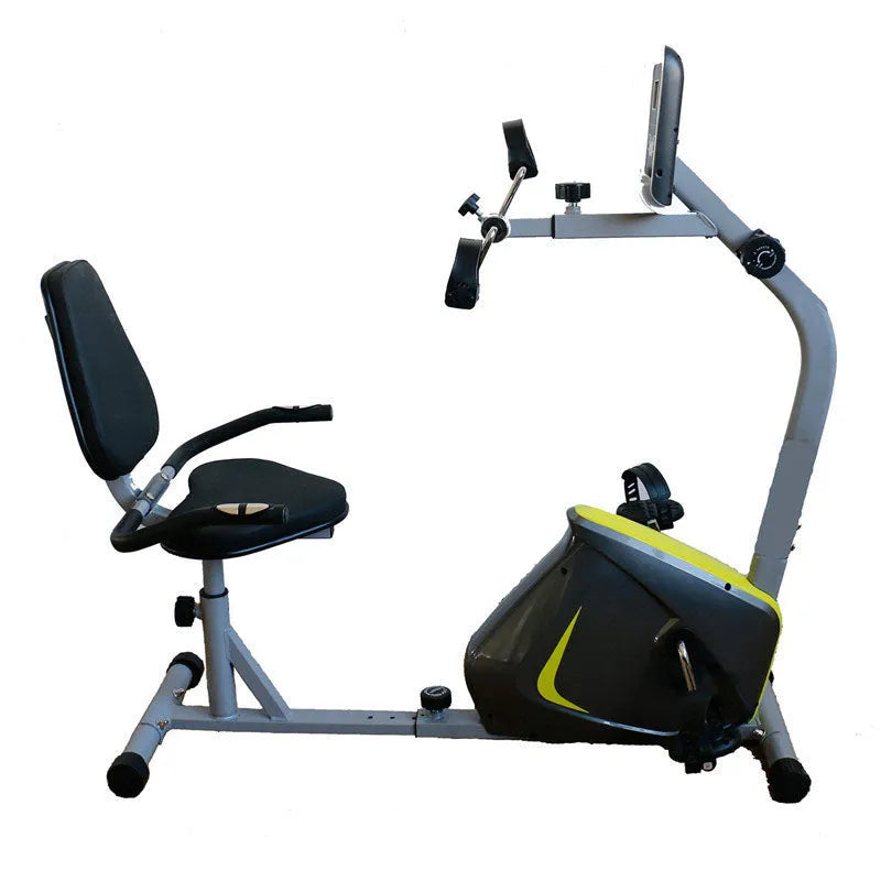 Recumbent exercise bike with adjustable seat on a white background