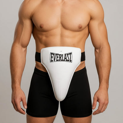 Everlast boxing ring guard with a black waist strap over black boxer briefs, shown 