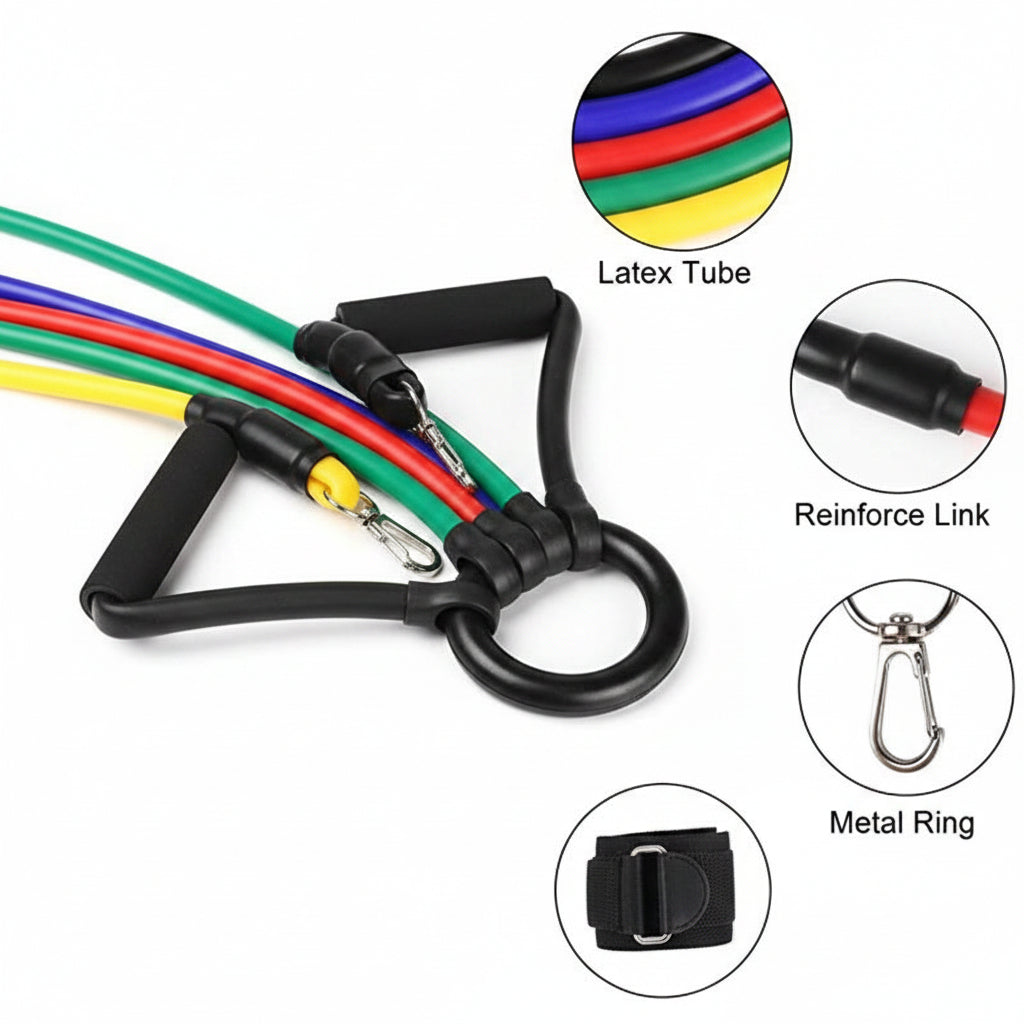 Nature Therapy Resistance Bands Set has 5 Sports Resistance Bands, 2 Padded Handles, 2 Ankle Straps, 1 Door Anchors, 1 Carrying Bag and 1 Instructions.