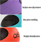 Three close-up product feature panels on a white background with text labels: a purple textured surface labeled 'Surface non-slip texture,' a black-and-turquoise panel labeled 'One-piece molding,' and an orange panel labeled 'Weight identification.'.