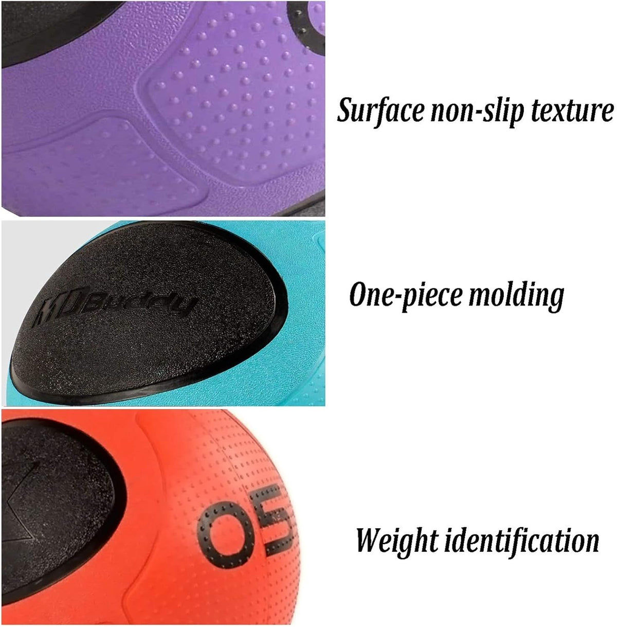 Three close-up product feature panels on a white background with text labels: a purple textured surface labeled 'Surface non-slip texture,' a black-and-turquoise panel labeled 'One-piece molding,' and an orange panel labeled 'Weight identification.'.
