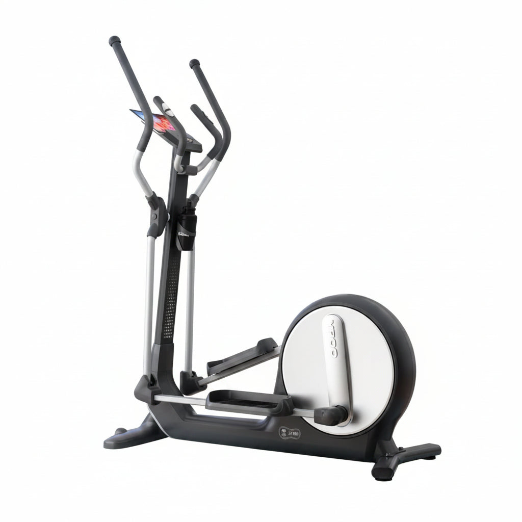 A cardio elliptical exercise machine with a black and silver frame, featuring a large white flywheel, black handles, and a digital display screen on the upper frame, shown against a plain white background.