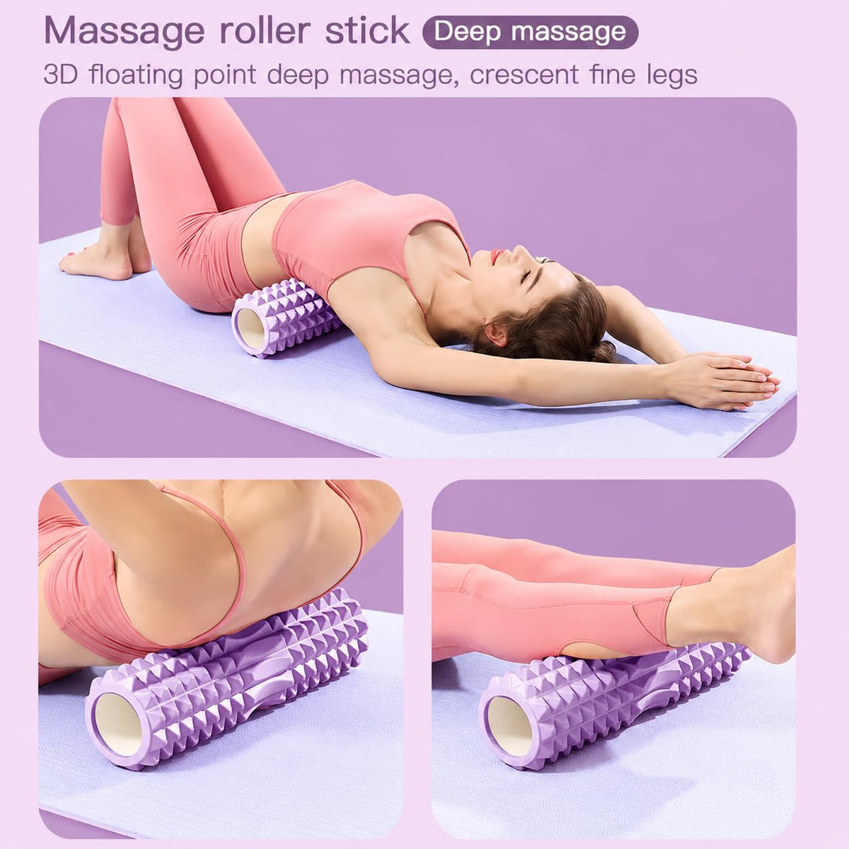  foam roller massage stick on her back and legs in a yoga pose,