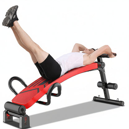 A red and black adjustable abdominal exercise bench 