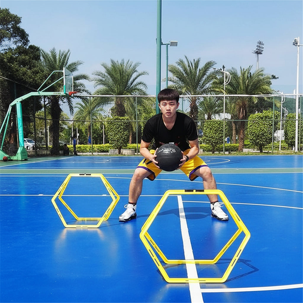 a court with yellow training hoops