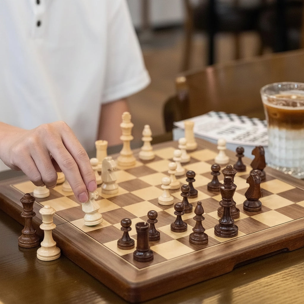 Person playing chess with a glass of coffee on a wooden table, featuring 