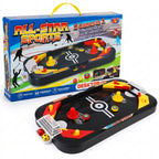  This toy game does not use air power, or needs no batteries or power. This mechanical educational sports toy game works by using spring action flippers to shoot the soccer balls, or manually using hand pushers to slide and move the hockey puck. 