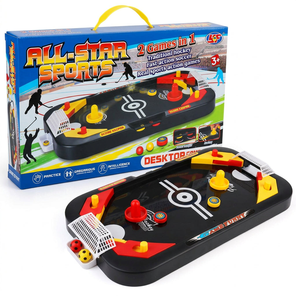  This toy game does not use air power, or needs no batteries or power. This mechanical educational sports toy game works by using spring action flippers to shoot the soccer balls, or manually using hand pushers to slide and move the hockey puck. 