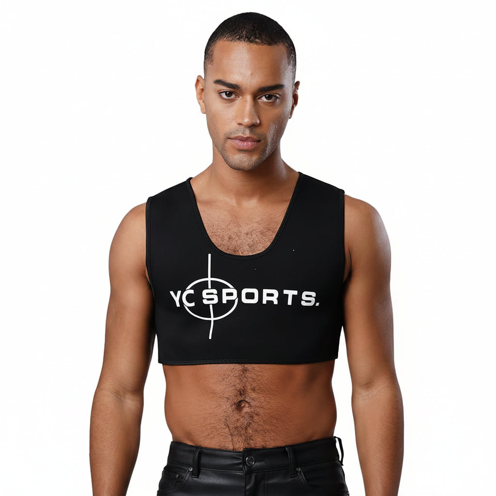 A man wearing a black athletic crop top with a white 'YC SPORTS.' logo printed across the chest, shown against a plain white background.