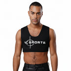 A man wearing a black athletic crop top with a white 'YC SPORTS.' logo printed across the chest, shown against a plain white background.
