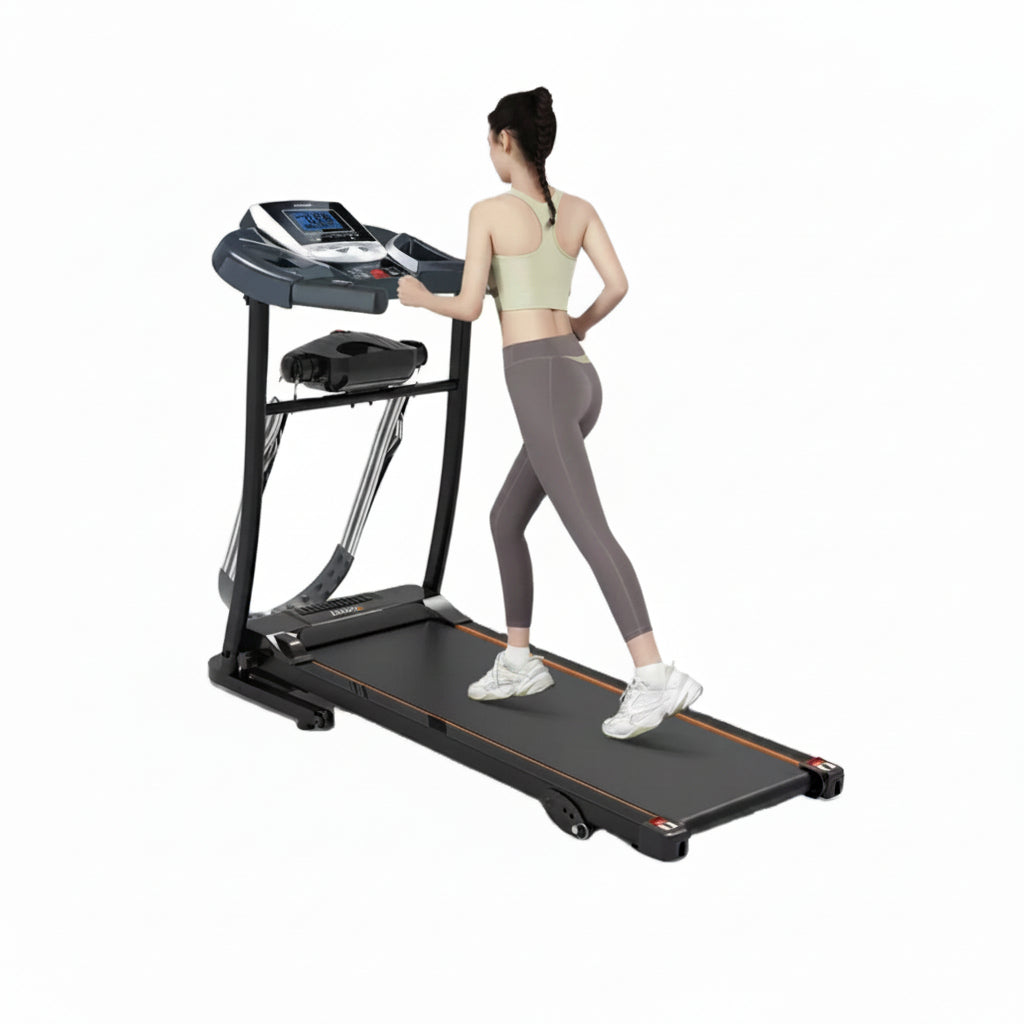 A woman in a light green sports bra and gray leggings is running on a black HER RUNNING treadmill with a digital display screen, set against a plain white background.