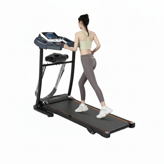 A woman in a light green sports bra and gray leggings is running on a black HER RUNNING treadmill with a digital display screen, set against a plain white background.