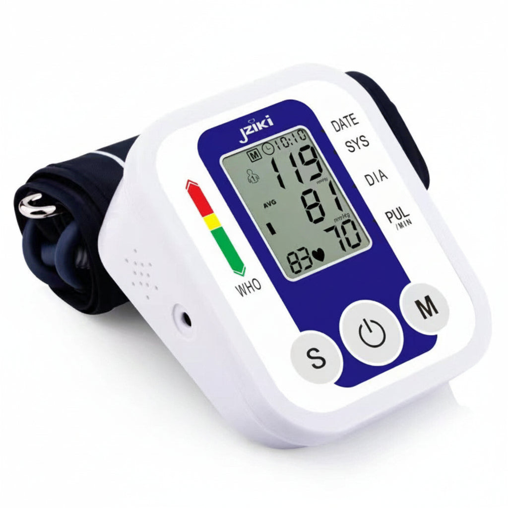 Digital blood pressure monitor with a white and blue 