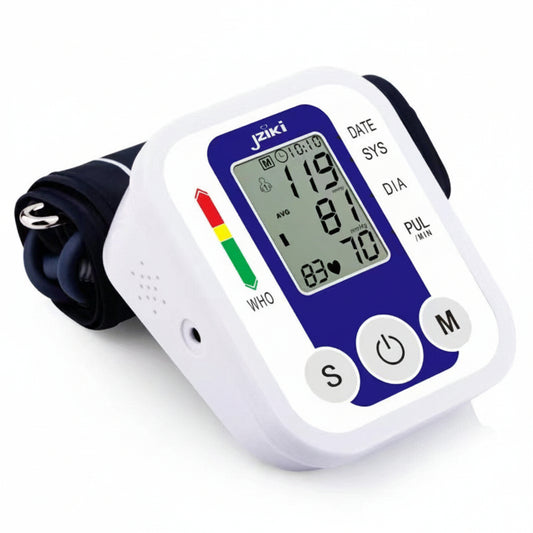 Digital blood pressure monitor with a white and blue 
