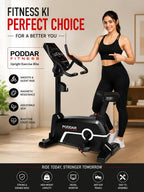 A woman in a black sports bra and leggings stands beside a black PODDAR FITNESS upright exercise bike in a bright indoor room. The image includes promotional text highlighting features 
