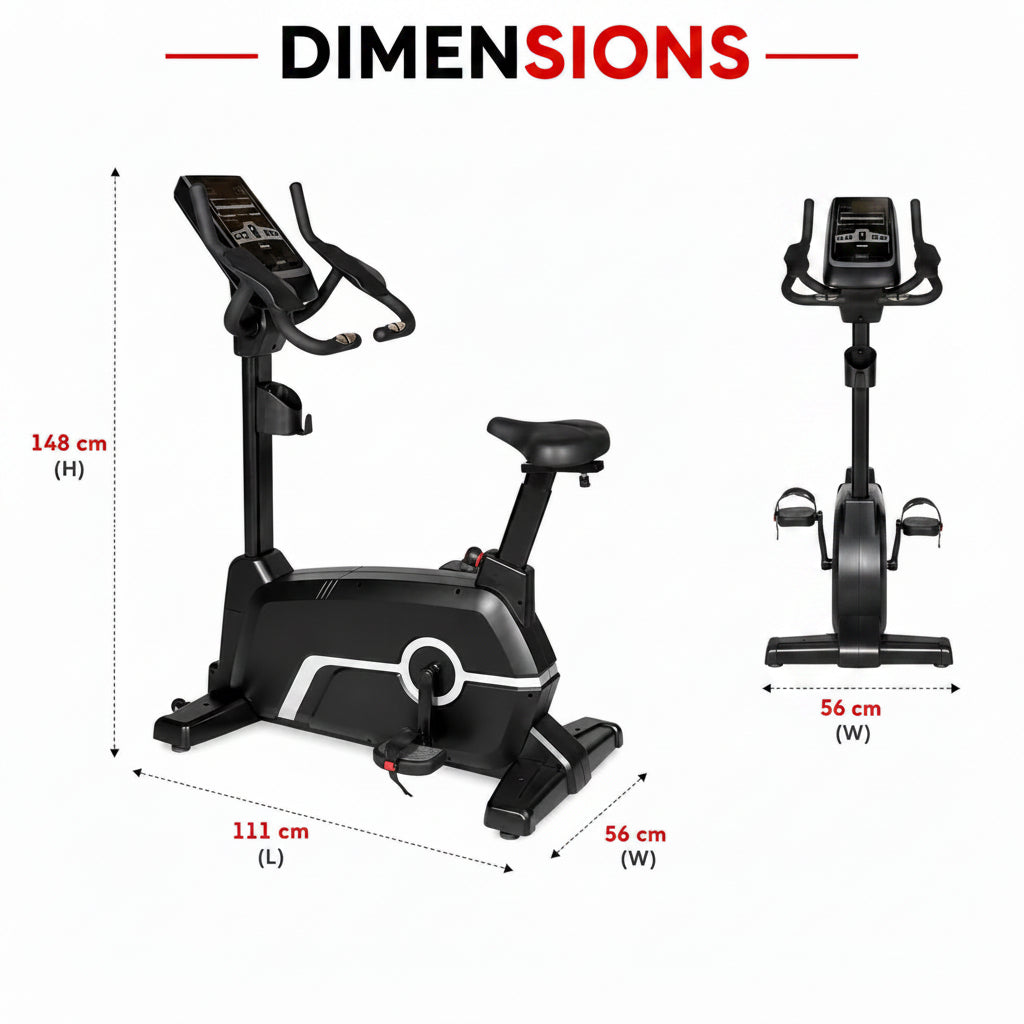 An exercise bike shown on a white background with dimension callouts indicating height 148 cm, width 56 cm, and length 111 cm, plus a smaller front 