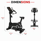 An exercise bike shown on a white background with dimension callouts indicating height 148 cm, width 56 cm, and length 111 cm, plus a smaller front 
