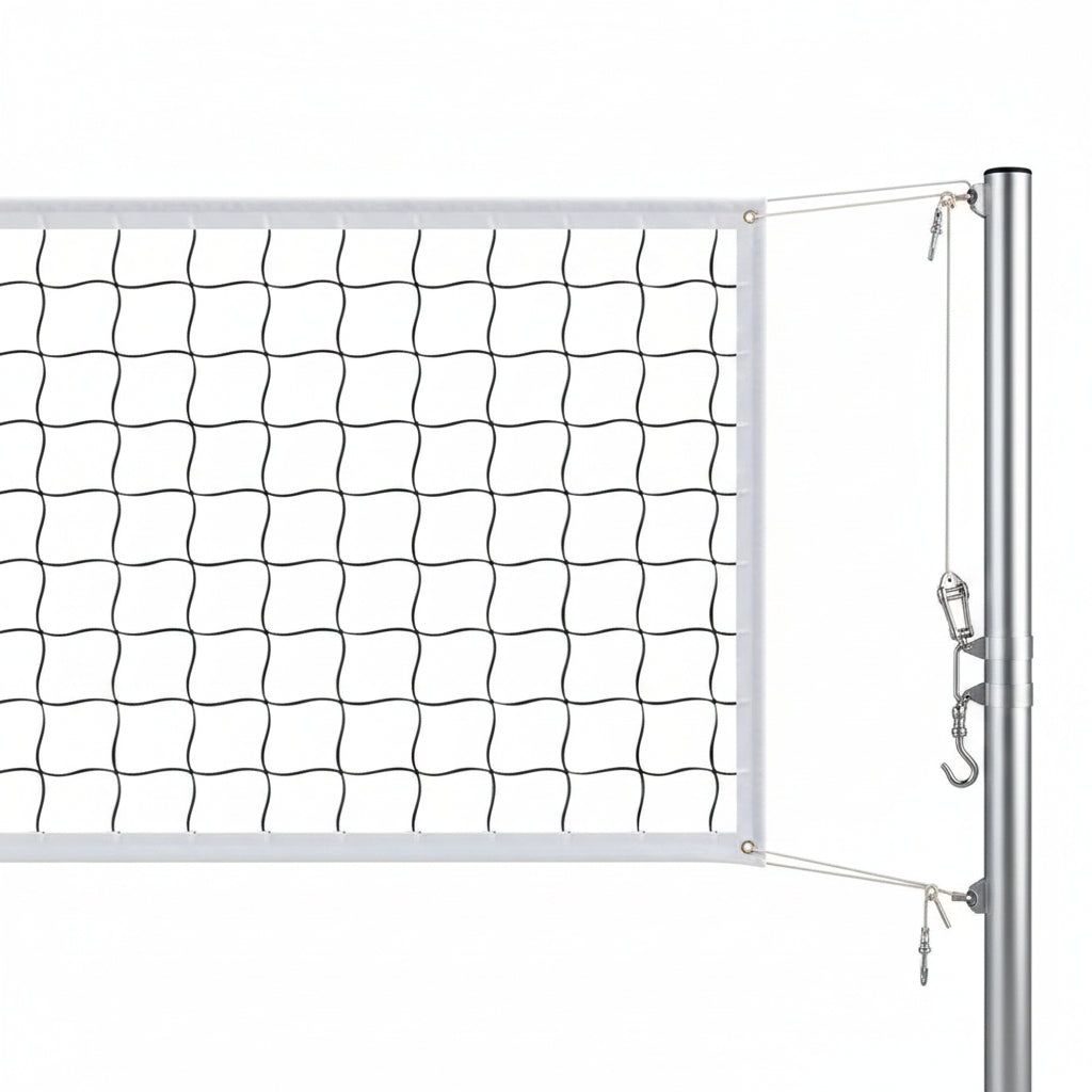 A white volleyball net with a black wavy mesh pattern and white trim/brothersshop