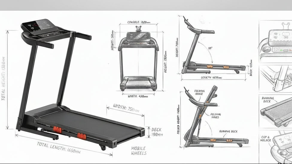 Fanpo treadmill with customization options and features listed on a gray background