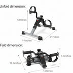 Measurement chart of a small exercise bike with unfolded and folded dimensions on a white background.