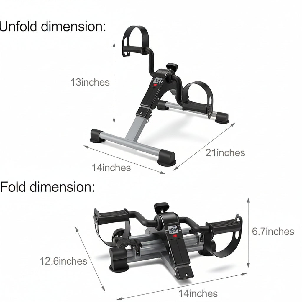 Measurement chart of a small exercise bike with unfolded and folded dimensions on a white background.
