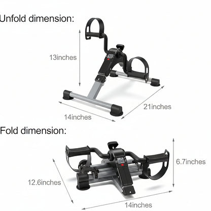 Measurement chart of a small exercise bike with unfolded and folded dimensions on a white background.