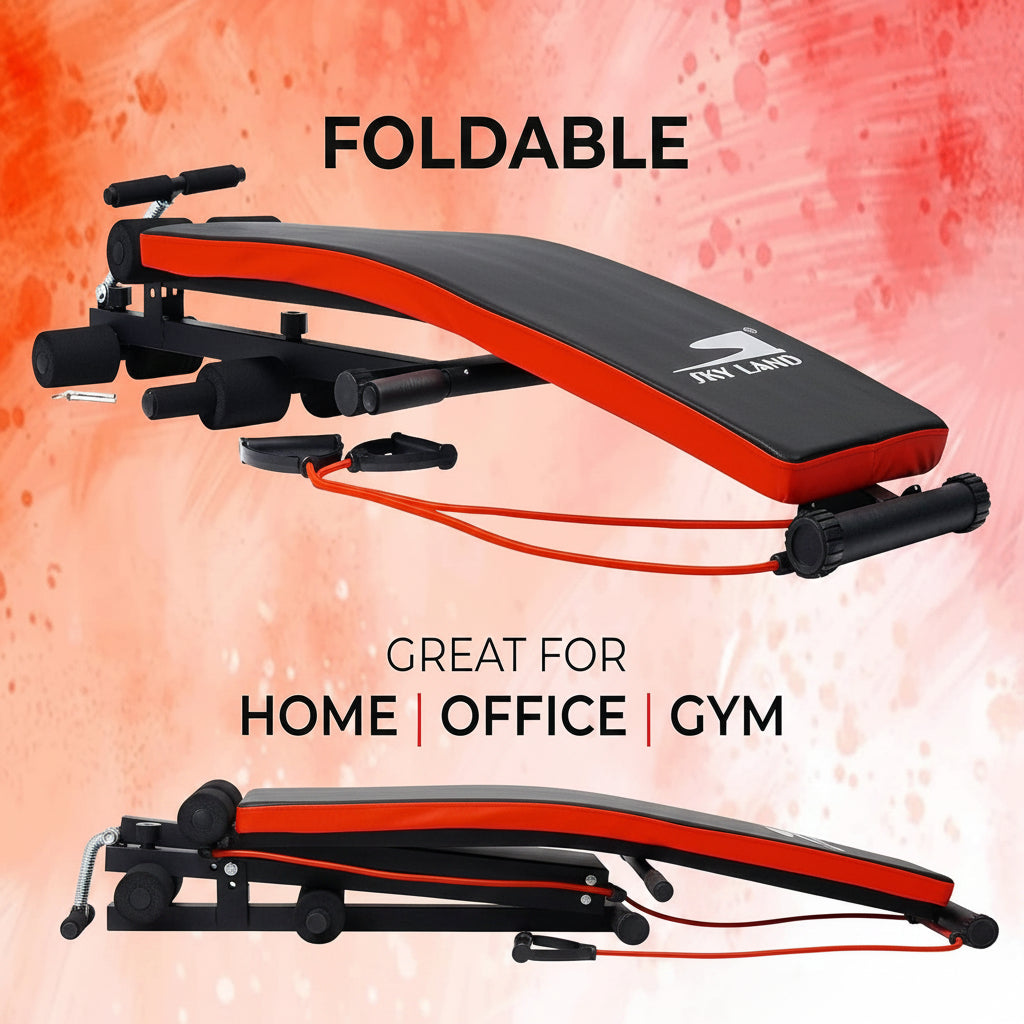 Foldable abdominal exercise bench with red and black padding, shown in two configurations with a resistance band,