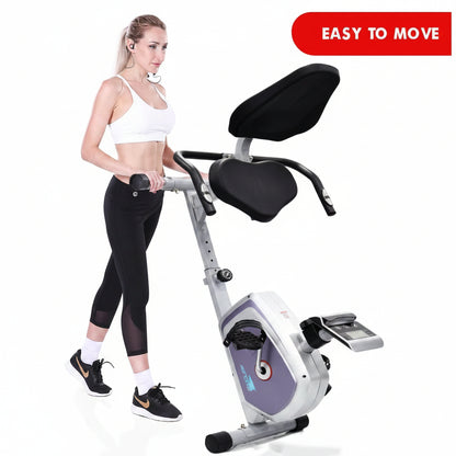 Woman using a stationary bike in a living room with a 'EASY TO MOVE' label.