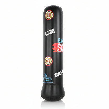 Black inflatable punching bag with colorful target graphics and text including 'BOOM' and 'BANG', shown against a plain white background.