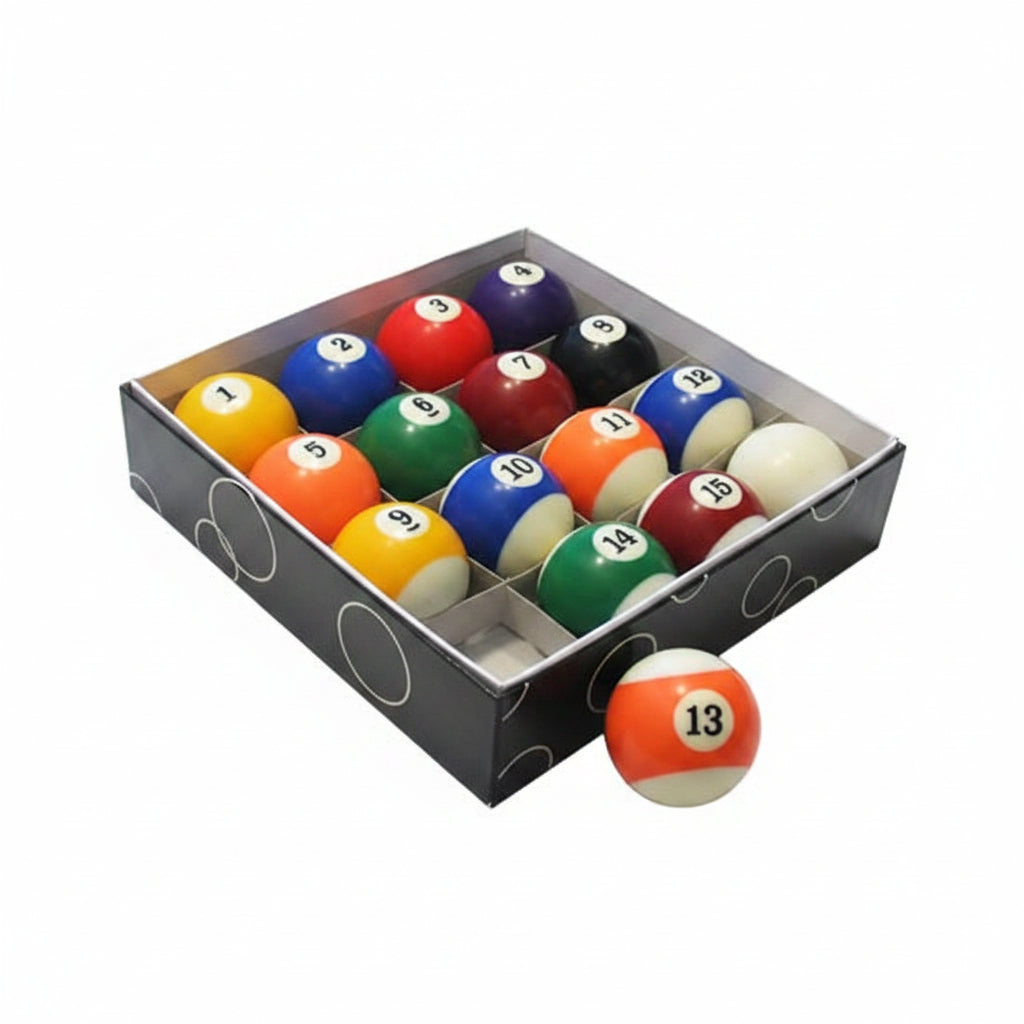 Set of billiard balls in a box with numbers on each ball.