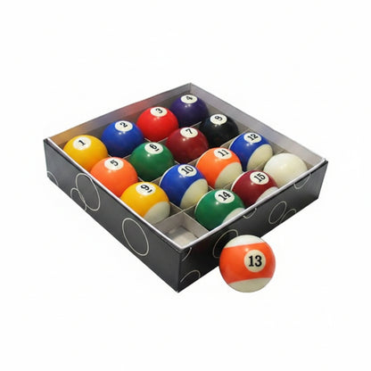 Set of billiard balls in a box with numbers on each ball.