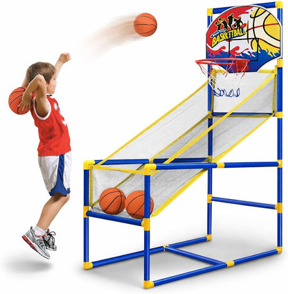 toy basketball hoop and balls on a white background