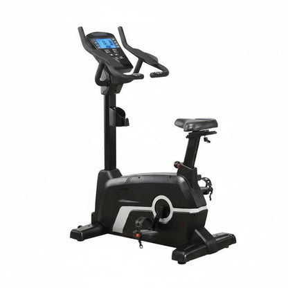 Black exercise bike with digital display on a white background