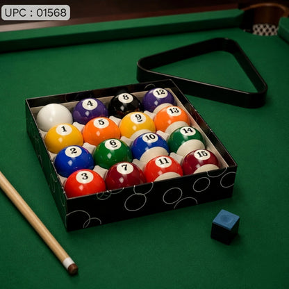 A boxed set of 15 billiard balls 
