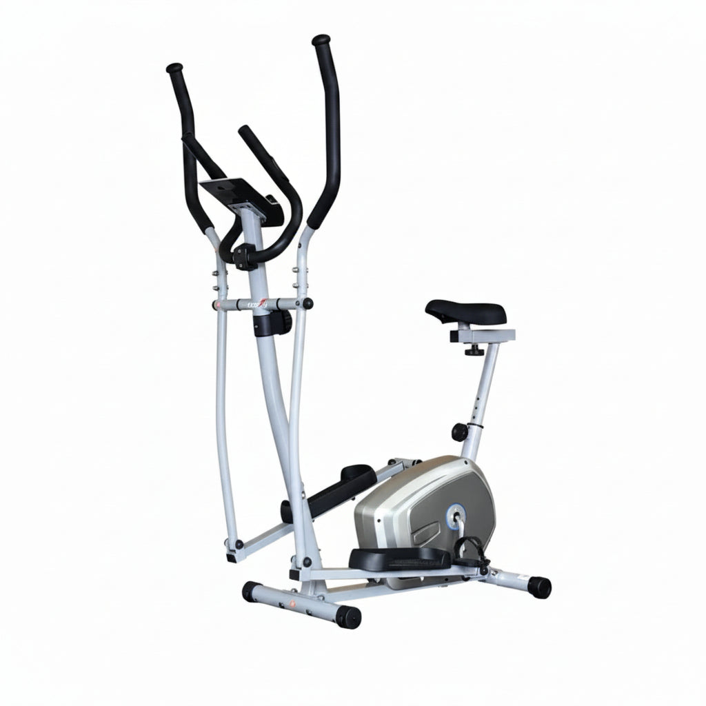 A silver and black elliptical trainer exercise machine with a digital display screen and adjustable handles, shown on a plain white/bothersshop 