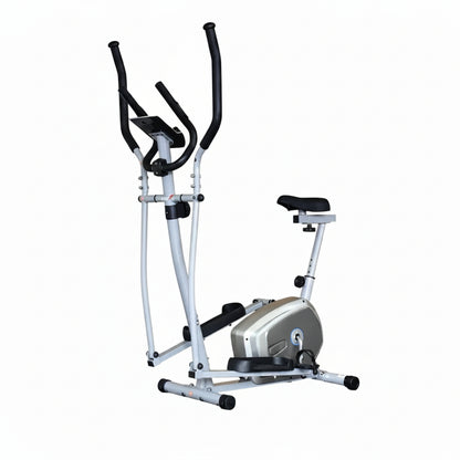 A silver and black elliptical trainer exercise machine with a digital display screen and adjustable handles, shown on a plain white/bothersshop 