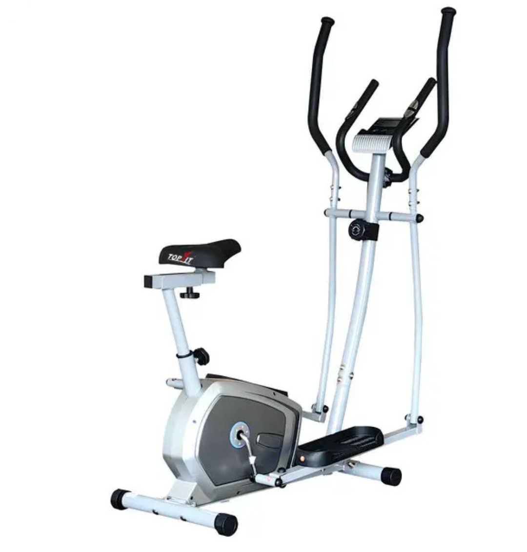 A silver and black elliptical trainer exercise bike with a digital display screen and adjustable seat/brothersshop