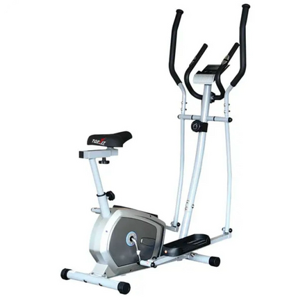 A silver and black elliptical trainer exercise bike with a digital display screen and adjustable seat/brothersshop