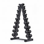 Black dumbbell rack with hexagonal dumbbells on a white background