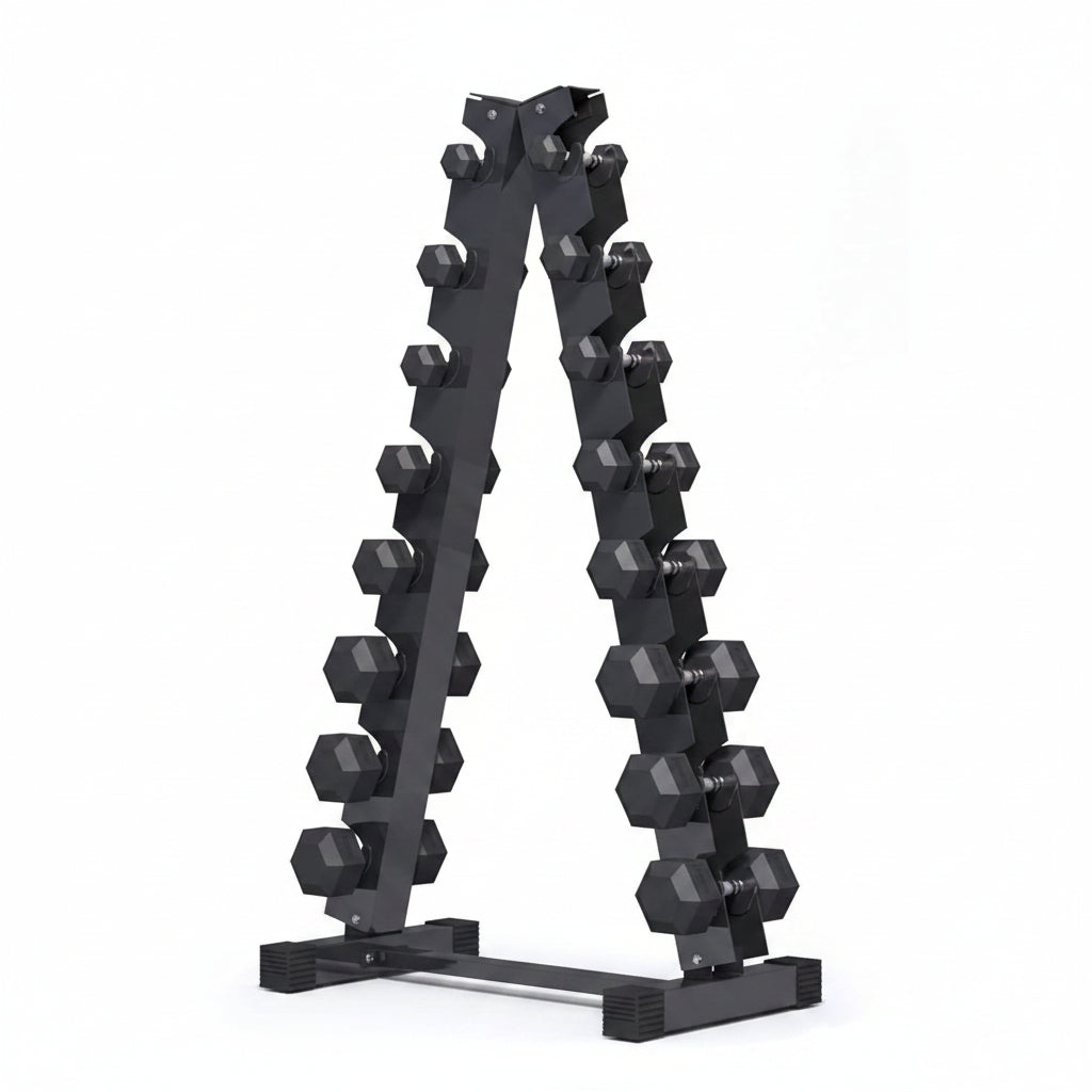 Black dumbbell rack with hexagonal dumbbells on a white background